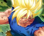  1boy ashes black_outline blonde_hair blue_shirt close-up closed_mouth collarbone dirty dirty_clothes dirty_face dragon_ball dragon_ball_z eyebrows_visible_through_hair face facing_viewer glowing glowing_hair green_eyes hair_over_one_eye highres kinokaki2020 looking_afar male_focus muscular outline pants scratches shirt son_goku spiky_hair super_saiyan super_saiyan_1 torn_clothes torn_pants upper_body 