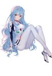  1girl absurdres ayanami_rei blue_hair bodysuit breasts evangelion:_3.0+1.0_thrice_upon_a_time hairpods highres interface_headset littleamber long_hair medium_breasts neon_genesis_evangelion pilot_suit plugsuit rebuild_of_evangelion red_eyes sitting solo spoilers very_long_hair white_bodysuit 