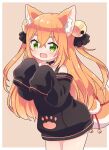  1girl :d animal_ears bell choker commission dog_ears dog_tail fang fujisawa_kamiya green_eyes hair_bell hair_ornament indie_virtual_youtuber jingle_bell komari_lunpai long_hair long_sleeves naked_sweater off_shoulder open_mouth orange_hair skeb_commission skin_fang sleeves_past_fingers sleeves_past_wrists smile sweater tail virtual_youtuber 