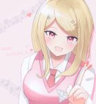  1girl :d ahoge akamatsu_kaede bangs blonde_hair blush breasts collared_shirt commentary_request dangan_ronpa_(series) dangan_ronpa_v3:_killing_harmony dated eyebrows_visible_through_hair hair_ornament happy happy_birthday heart highres index_finger_raised large_breasts long_hair looking_at_viewer musical_note_hair_ornament necktie open_mouth pink_eyes pink_vest ririka_(scrdnrn_954) shirt smile solo sweater_vest vest white_shirt 