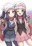  2girls absurdres black_hair commentary_request cowboy_shot hikari_(pokemon) female_protagonist_(pokemon_legends:_arceus) grey_eyes gupunetsu hat head_scarf highres holding holding_poke_ball japanese_clothes long_hair multiple_girls open_mouth poke_ball poke_ball_(legends) pokemon pokemon_(game) pokemon_dppt pokemon_legends:_arceus red_scarf scarf smile twitter_username watch watch 