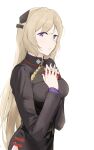  1girl bangs black_dress blonde_hair breasts dress eyebrows_visible_through_hair feet_out_of_frame g3_(girls_frontline) gift girls_frontline highres holding holding_gift la13 long_hair looking_at_viewer medium_breasts solo standing uniform violet_eyes white_background 