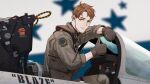  1boy ace_combat ace_combat_5 aircraft airplane bag blaze_(ace_combat) brown_hair cockpit earpiece f-14_tomcat fighter_jet gloves harness highres jet looking_at_viewer military military_vehicle osean_flag patch pilot pilot_suit reference_photo sitting skyleranderton smile solo thumbs_up top_gun wardog_squadron yellow_eyes 