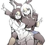  2girls arm_around_back arm_around_neck bald_eagle_(kemono_friends) behind_another belt bird_tail bird_wings black_hair blonde_hair breasts closed_mouth hair_between_eyes head_tilt head_wings highres jacket kemono_friends large_breasts leaning_to_the_side long_hair long_sleeves looking_at_viewer medium_hair miniskirt multicolored_hair multiple_girls muted_color necktie northern_goshawk_(kemono_friends) open_mouth outstretched_arm outstretched_hand pantyhose partially_colored red_eyes seductive_smile simple_background sitting skirt smile spread_legs tail twisted_torso two-tone_hair unaligned_breasts white_background white_hair wings yellow_eyes yokuko_zaza 