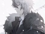  1boy animal_ears arknights black_jacket black_neckwear blurry blurry_background closed_mouth collared_shirt dress_shirt earrings fur-trimmed_jacket fur_trim grey_eyes grey_hair highres jacket jewelry leopard_ears looking_ahead male_focus necktie outdoors qinglai_haiji serious shirt short_hair silverash_(arknights) snowing solo string_of_flags upper_body white_shirt 