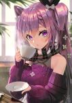  1girl :o bangs bare_shoulders black_ribbon blush bow braid braided_bangs cable_knit casual cup double_bun eyebrows_visible_through_hair genshin_impact hair_bow hair_cones hair_ornament hair_ribbon holding holding_cup holding_plate indoors keqing_(genshin_impact) long_hair long_sleeves looking_at_viewer off-shoulder_sweater off_shoulder official_alternate_costume parted_lips plate purple_hair ribbon scarf sidelocks signature solo sweater twintails upper_body violet_eyes white_bow window yamahara 