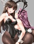  2girls absurdres animal_ears black_hair black_leotard bow bowtie breast_press breasts bunny_tail covered_navel detached_collar eyebrows_visible_through_hair fake_animal_ears fake_tail grey_background hair_ribbon highleg highleg_leotard highres hime_cut hiyou_(kancolle) jun&#039;you_(kancolle) kantai_collection large_breasts leotard long_hair looking_at_viewer minase_(takaoka_nanase) multiple_girls open_mouth pantyhose playboy_bunny purple_hair rabbit_ears ribbon spiky_hair strapless strapless_leotard tail violet_eyes wing_collar wrist_cuffs 