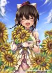  1girl absurdres bangs blush bow brown_hair character_name closed_eyes clouds cloudy_sky dress fisheye flower hair_bow happy_birthday highres holding holding_flower idolmaster idolmaster_million_live! idolmaster_million_live!_theater_days long_hair open_mouth ponytail satake_minako semi_colon sky smile solo sunflower white_dress 