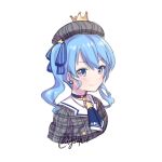  1girl artist_name beret blue_choker blue_eyes blue_hair choker crown dress earrings english_commentary hair_behind_ear hat highres hololive hoshimachi_suisei jewelry looking_at_viewer plaid plaid_dress plaid_headwear side_ponytail smile solo star_(symbol) star_earrings upper_body virtual_youtuber vyolfers white_background 