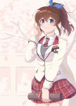  1girl blazer blue_eyes brown_hair cherry_blossoms closed_mouth graduation idolmaster idolmaster_million_live! idolmaster_million_live!_theater_days jacket kamille_(vcx68) long_hair looking_at_viewer petals plaid plaid_skirt pleated_skirt polka_dot ponytail ribbon satake_minako school_uniform skirt smile solo sweater tube wind 