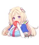  1girl aki_rosenthal apple artist_name blue_eyes breasts detached_hair english_commentary food fruit gloves highres holding holding_food holding_fruit hololive looking_at_viewer medium_breasts necktie red_neckwear solo twintails upper_body virtual_youtuber vyolfers white_background white_gloves 