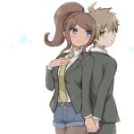  1boy 1girl alternate_costume asahina_aoi back-to-back black_jacket blue_eyes blush brown_hair commentary_request cowboy_shot dangan_ronpa_(series) dangan_ronpa_3_(anime) dark_skin denim denim_shorts formal green_eyes holding_hands interlocked_fingers jacket long_hair looking_at_viewer looking_back naegi_makoto nanasaki necktie pantyhose ponytail shirt short_shorts shorts simple_background smile suit white_background white_shirt 