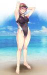  1girl arena_(company) armpits arms_up barefoot beach black_swimsuit blood_rouge blue_eyes blue_sky borrowed_character clouds commentary_request competition_swimsuit covered_navel day goggles goggles_around_neck highleg highleg_swimsuit highres horizon logo looking_at_viewer one-piece_swimsuit original outdoors pink_hair short_hair sky solo swimsuit visor_cap 