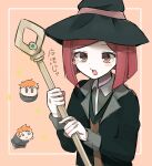  1girl :d absurdres bangs beige_background black_headwear black_jacket blush_stickers bob_cut border brown_eyes brown_vest chibi commentary_request dangan_ronpa_(series) dangan_ronpa_v3:_killing_harmony eyebrows_visible_through_hair hair_ornament hat highres holding holding_staff jacket long_sleeves looking_at_viewer open_clothes open_jacket open_mouth orange_hair raimone_(nekokirinv3) redhead short_hair skirt smile solo_focus staff translation_request upper_body upper_teeth vest white_border witch_hat yumeno_himiko 