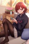  1girl bangs blurry cellphone couch depth_of_field eyebrows_visible_through_hair hair_ornament hairpin highres higuchi_madoka holding holding_phone idolmaster idolmaster_shiny_colors ironatsuki leg_up long_sleeves looking_at_viewer looking_to_the_side mole mole_under_eye no_shoes office pantyhose phone plaid plaid_skirt redhead shiny shiny_hair short_hair signature sitting skirt solo sunset thigh-highs translated window 