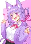  1girl :d absurdres animal_ear_fluff animal_ears belt breasts byuyu cardigan commission fox_ears highres indie_virtual_youtuber jigatei_(omijin) long_hair open_cardigan open_clothes open_mouth purple_hair skeb_commission skirt smile violet_eyes virtual_youtuber 