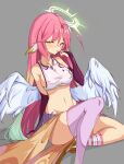  1girl ahoge angel_wings asymmetrical_legwear bare_shoulders breasts bridal_gauntlets collarbone crop_top feathered_wings gradient_hair grey_background groin half-closed_eyes halo highres jibril_(no_game_no_life) kkry99 large_breasts long_hair looking_at_viewer midriff multicolored_hair navel no_game_no_life orange_eyes pink_hair revealing_clothes shirt simple_background single_thighhigh sitting sleeveless sleeveless_shirt socks solo stomach thigh-highs uneven_eyes very_long_hair white_shirt wings 