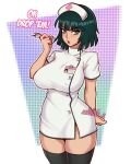  1girl arm_behind_back breasts dark_green_hair doctor eyebrows_visible_through_hair fubuki_(one-punch_man) green_eyes hat highres jakuson_z looking_at_viewer md5_mismatch murata_yuusuke needle nurse nurse_cap one-punch_man patreon_username short_hair solo solo_focus standing thigh-highs thighs twitter 