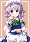  1girl apron bangs blue_eyes blush bow braid brown_background cup eyebrows_visible_through_hair green_bow green_neckwear hair_bow hand_up highres holding holding_cup izayoi_sakuya looking_at_viewer maid maid_apron maid_headdress mary_janes one-hour_drawing_challenge petticoat plate puffy_short_sleeves puffy_sleeves ruu_(tksymkw) shirt shoes short_sleeves simple_background smile solo touhou twin_braids upper_body waist_apron white_apron 