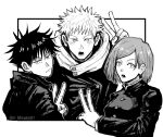  1girl 2boys bangs closed_mouth facial_mark fushiguro_megumi gakuran greyscale hair_between_eyes hood hood_down hoodie itadori_yuuji jacket jujutsu_kaisen kugisaki_nobara long_sleeves looking_at_viewer mike2010 monochrome multiple_boys open_mouth school_uniform short_hair simple_background spiky_hair swept_bangs twitter_username undercut upper_body v 