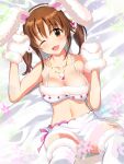  1girl absurdres animal_ears bangs bare_shoulders bed blush breasts brown_hair collarbone eyebrows_visible_through_hair from_above highres idolmaster idolmaster_cinderella_girls large_breasts looking_at_viewer lying natsuya navel on_back one_eye_closed rabbit_ears smile tagme thigh-highs totoki_airi 