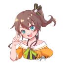  1girl artist_name bangs blue_eyes brown_hair collarbone eyebrows_visible_through_hair hair_between_eyes highres hololive natsuiro_matsuri off_shoulder open_mouth side_ponytail smile solo upper_body v virtual_youtuber vyolfers 
