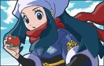  1girl aoshima_(pidove810) clouds commentary_request eyelashes female_protagonist_(pokemon_legends:_arceus) floating_scarf from_below hand_up head_scarf holding holding_poke_ball long_hair lowres parted_lips pixel_art poke_ball poke_ball_(legends) pokemon pokemon_(game) pokemon_legends:_arceus ponytail red_scarf sash scarf sidelocks sky solo undershirt upper_body white_headwear 
