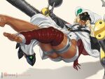  1girl alternate_breast_size bandaged_arm bandaged_leg bandages barefoot breasts cape dark_skin dark-skinned_female feet floating floating_object floating_sword floating_weapon foreshortening full_body guilty_gear guilty_gear_strive huge_weapon large_breasts long_legs looking_at_viewer medium_hair orange_eyes platinum_blonde_hair ramlethal_valentine reclining rejean_dubois short_shorts shorts single_bare_leg solo sword thick_thighs thigh_strap thighs toes weapon white_cape white_headwear white_shorts 