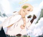 1girl angel angel_wings bandaged_arm bandages blonde_hair blue_eyes braid clouds commentary english_commentary from_side giant giantess hair_ornament halo heart holding leaf_hair_ornament long_hair mountain mountainous_horizon original raps_(yohomeboyraps) robe smile solo spoken_heart squatting toeless_footwear white_robe wings 