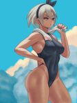  1girl bea_(pokemon) black_hair blonde_hair blue_eyes blue_sky clouds covered_nipples dark_skin dark-skinned_female hairband hand_on_hip highres muscular muscular_female pokemon pokemon_(game) pokemon_swsh short_hair sky solo swimsuit thick_thighs thighs toned towel zefrableu 