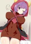  ... 1girl bangs blush breasts closed_mouth commentary_request courtney_(pokemon) covered_navel dress eyebrows_visible_through_hair eyelashes fake_horns hood hood_up horns one_eye_closed panties pokemon pokemon_(game) pokemon_oras purple_hair shiny shiny_skin short_hair solo spoken_ellipsis sweat sweater sweater_dress team_magma tottotonero underwear violet_eyes 