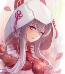  1girl detached_sleeves fire_emblem fire_emblem:_three_houses highres hood japanese_clothes jewelry leonmandala long_hair looking_at_viewer lysithea_von_ordelia mizutsune_(armor) monster_hunter_(series) monster_hunter_rise parted_lips red_eyes smile upper_body white_background white_hair 