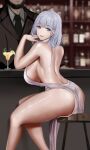  1boy 1girl absurdres blurry blurry_background breasts business_suit chair cup formal gcg girls_frontline highres indoors large_breasts looking_at_viewer necktie rpk-16_(girls_frontline) short_hair sideboob silver_hair sitting suit thighs violet_eyes 