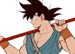  1boy black_eyes black_hair blue_shirt closed_mouth collarbone dougi dragon_ball dragon_ball_z facing_away hands_up happy highres holding holding_weapon looking_afar male_focus mamefuku_(mamedehuku) muscular nyoibo over_shoulder pectorals profile rope shirt simple_background sleeveless sleeveless_shirt smile son_goku spiky_hair upper_body weapon weapon_over_shoulder white_background wristband 