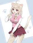  1girl :d ahoge akamatsu_kaede animal_ears bangs blonde_hair blush breasts cat_ears cat_tail collared_shirt commentary_request cowboy_shot dangan_ronpa_(series) dangan_ronpa_v3:_killing_harmony eighth_note eyebrows_visible_through_hair furry grey_background hair_ornament highres large_breasts long_hair long_sleeves looking_at_viewer miniskirt musical_note musical_note_hair_ornament necktie open_mouth paw_print_background pink_vest pleated_skirt raimone_(nekokirinv3) school_uniform shirt skirt smile solo sweater_vest tail vest violet_eyes white_background white_shirt 