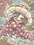  1girl bangs belt blush boku_no_hero_academia boots brown_eyes brown_hair commentary_request dress fur_trim green_background hair_over_one_eye hat komori_kinoko long_sleeves mushroom mushroom_hat open_mouth pink_footwear polka_dot polka_dot_dress pusshwa red_dress short_hair smile solo symbol_commentary tongue tongue_out w x-shaped_pupils 