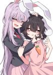  2girls absurdres animal_ears bangs black_hair blazer blush carrot_necklace commentary_request dress eyebrows_visible_through_hair hair_between_eyes highres inaba_tewi jacket long_hair long_sleeves multiple_girls one_eye_closed pink_dress pink_skirt purple_hair rabbit_ears red_eyes reisen_udongein_inaba short_hair silver_hair simple_background skirt smile touhou tsukimirin white_background yuri 