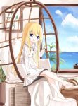  1girl :d bangs barefoot blonde_hair blue_eyes blue_sky blush clouds cloudy_sky commentary_request day dress eyebrows_visible_through_hair flower_girl_(yuuhagi_(amaretto-no-natsu)) hair_between_eyes hair_ornament hairclip horns indoors long_hair long_sleeves looking_at_viewer ocean open_mouth original pillow pleated_dress sky sleeves_past_wrists smile soles solo very_long_hair water white_dress x_hair_ornament yuuhagi_(amaretto-no-natsu) 