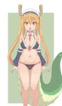 1girl absurdres adapted_costume ass_visible_through_thighs between_breasts bikini black_bikini blonde_hair border breasts cravat detached_collar detached_sleeves dragon dragon_girl dragon_horns dragon_tail feet_out_of_frame frilled_bikini frills gradient_hair green_background highres horns kobayashi-san_chi_no_maidragon large_breasts long_hair looking_at_viewer maid_bikini maid_headdress multicolored_hair orange_eyes orange_hair red_neckwear s10021 slit_pupils solo standing swimsuit tail tohru_(maidragon) twintails two-tone_background white_border