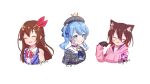  3girls ^_^ absurdres android animal_ears artist_name beret blue_choker blue_eyes blue_hair breasts brown_hair cat_ears choker closed_eyes crown dress earrings english_commentary eyebrows_visible_through_hair flat_chest glasses hair_behind_ear hair_ornament hat head_tilt highres hololive hood hoodie hoshimachi_suisei idol jewelry kemonomimi_mode light_blush long_hair looking_at_viewer mechanical_hands medium_breasts multiple_girls paw_print pink_hoodie plaid plaid_dress plaid_headwear red_neckwear roboco-san side_ponytail smile star_(symbol) star_earrings star_hair_ornament tokino_sora upper_body virtual_youtuber vyolfers white_background 