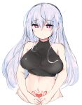  1girl absurdres ahoge bare_shoulders blush breasts closed_mouth closers collarbone cropped_torso eyebrows_visible_through_hair hair_between_eyes heart highres large_breasts light_purple_hair long_hair mirae_(closers) navel red_eyes rkwowlqrp simple_background stomach_tattoo tattoo upper_body white_background 