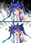  1girl ? @_@ adjusting_eyewear ahoge animal_ears aqua_hair bespectacled blue_eyes blue_hair commentary_request glasses hair_ribbon heterochromia highres horse_ears kurona long_hair looking_at_viewer multicolored_hair open_mouth ribbon sharp_teeth solo teeth twin_turbo twintails umamusume upper_body violet_eyes 