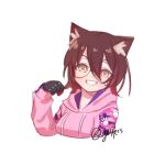  1girl android animal_ears artist_name breasts brown_eyes cat_ears collarbone eyebrows_visible_through_hair glasses head_tilt highres hololive hood hoodie kemonomimi_mode looking_at_viewer mechanical_hands medium_breasts paw_print pink_hoodie roboco-san smile solo upper_body virtual_youtuber vyolfers white_background 