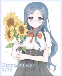  1girl bangs blue_eyes blue_hair closed_mouth commentary_request dangan_ronpa_(series) dangan_ronpa_v3:_killing_harmony dated flower glasses happy_birthday highres holding holding_flower jacket long_hair long_sleeves looking_at_viewer parted_bangs puffy_short_sleeves puffy_sleeves raimone_(nekokirinv3) ribbon shirogane_tsumugi shirt short_sleeves simple_background skirt smile solo striped sunflower white_background white_shirt 