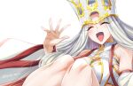  1girl bangs bare_shoulders blush breast_curtains breasts closed_eyes crown dress dress_of_heaven eyelashes fate/grand_order fate_(series) forehead irisviel_von_einzbern irisviel_von_einzbern_(caster) knees_up large_breasts long_hair long_sleeves looking_at_viewer navel open_mouth parted_bangs smile solo torichamaru white_dress white_hair 