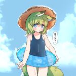  1girl animal_ear_fluff animal_ears blue_eyes blue_swimsuit blush child cowboy_shot done_(donezumi) dripping fox_ears fox_tail green_hair hat highres innertube medium_hair one-piece_swimsuit original outdoors school_swimsuit solo standing straw_hat swimsuit tail thick_eyebrows wet 