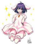  1girl ahoge animal_ears black_hair breasts bunny_tail carrot_necklace dress feet_out_of_frame fingernails frilled_dress frills hands_up highres inaba_tewi looking_at_viewer open_mouth pink_dress puffy_short_sleeves puffy_sleeves rabbit_ears seiza short_sleeves signature sitting small_breasts solo sparkle tail toenails touhou umigarasu_(kitsune1963) white_background 