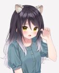  1girl animal_ear_fluff animal_ears anz32 bangs black_hair blue_shirt blush brown_eyes claw_pose commentary_request eyebrows_visible_through_hair gradient_hair grey_hair hair_between_eyes hand_up long_hair looking_at_viewer multicolored_hair open_mouth princess_connect! princess_connect!_re:dive puffy_short_sleeves puffy_sleeves shiori_(princess_connect!) shirt short_sleeves solo tiger_ears twitter_username upper_body yellow_eyes 