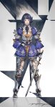  1girl armor black_background black_hair blue_dress blue_eyes breastplate commentary_request dress full_body gauntlets highres holding holding_weapon leg_armor looking_at_viewer original redrawn short_dress short_hair signature standing sword two-tone_background v8 weapon white_background 