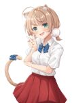  1girl absurdres animal_ears arm_under_breasts bangs blue_bow blush bow bowtie cat_ears cat_girl cat_tail collared_shirt dress_shirt eyebrows_visible_through_hair green_eyes hair_pom_pom highres indie_virtual_youtuber kusana_(dudqja602) light_brown_hair looking_at_viewer low_twintails miniskirt open_mouth pleated_skirt red_skirt school_uniform shigure_ui_(vtuber) shirt short_hair short_sleeves simple_background skirt solo tail tail_bow tail_ornament twintails virtual_youtuber white_background white_shirt 